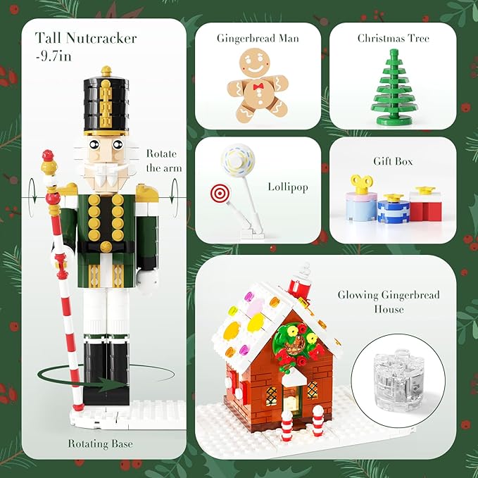 Nutcracker Christmas Decor Building Toys Gingerbread House with Light 2025 Xmas Gifts Ideas for Adults Kids Girls Boys Ages 8-12 Compatible for Lego Christmas Village Decorations for Home