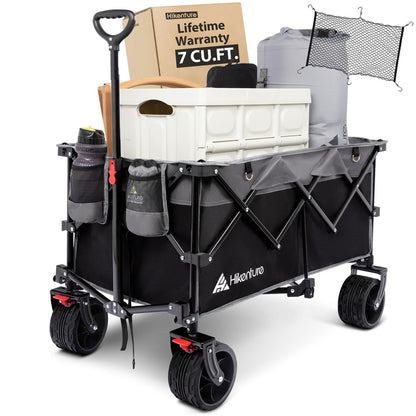 Hikenture Collapsible Wagon Cart and Cargo Net, 330lbs Capacity Beach Wagon with Big Wheels for Sand, Heavy Duty Foldable Wagon with Brakes, Portable Utility Folding Garden Cart