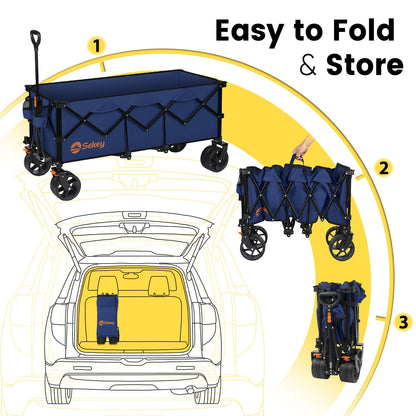 Sekey Extended Collapsible Foldable Wagon with 660lbs Weight Capacity, Heavy Duty Folding Utility Garden Cart with Big All-Terrain Beach Wheels & Drink Holders. Navy Blue