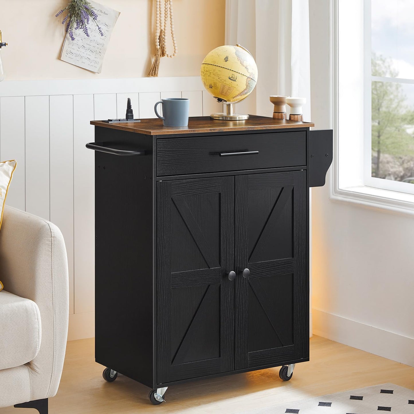 HOOBRO Kitchen Island with Power Outlet, Rolling Kitchen Island with Large Worktop, Kitchen Island Cart with Spice Rack and Drawer, Island Table for Dining Room, Rustic Brown and Black BF88UZD01