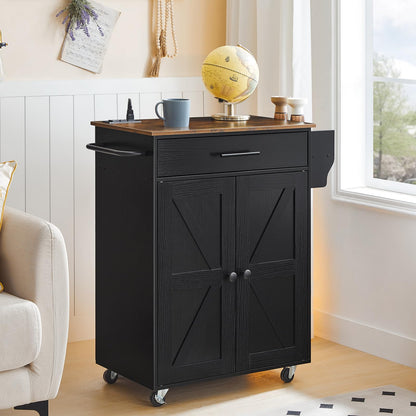 HOOBRO Kitchen Island with Power Outlet, Rolling Kitchen Island with Large Worktop, Kitchen Island Cart with Spice Rack and Drawer, Island Table for Dining Room, Rustic Brown and Black BF88UZD01