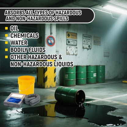 DoubleFill 41 Pcs Universal Spill Kit Portable Complete 9-Gallon Spill Kit, Absorbs Oils Water and More, Yellow Bucket, 30 Absorbent Pads, 4 Pcs 3" x 4' Sorbent Socks, 5 Disposal Bags, PVC Gloves