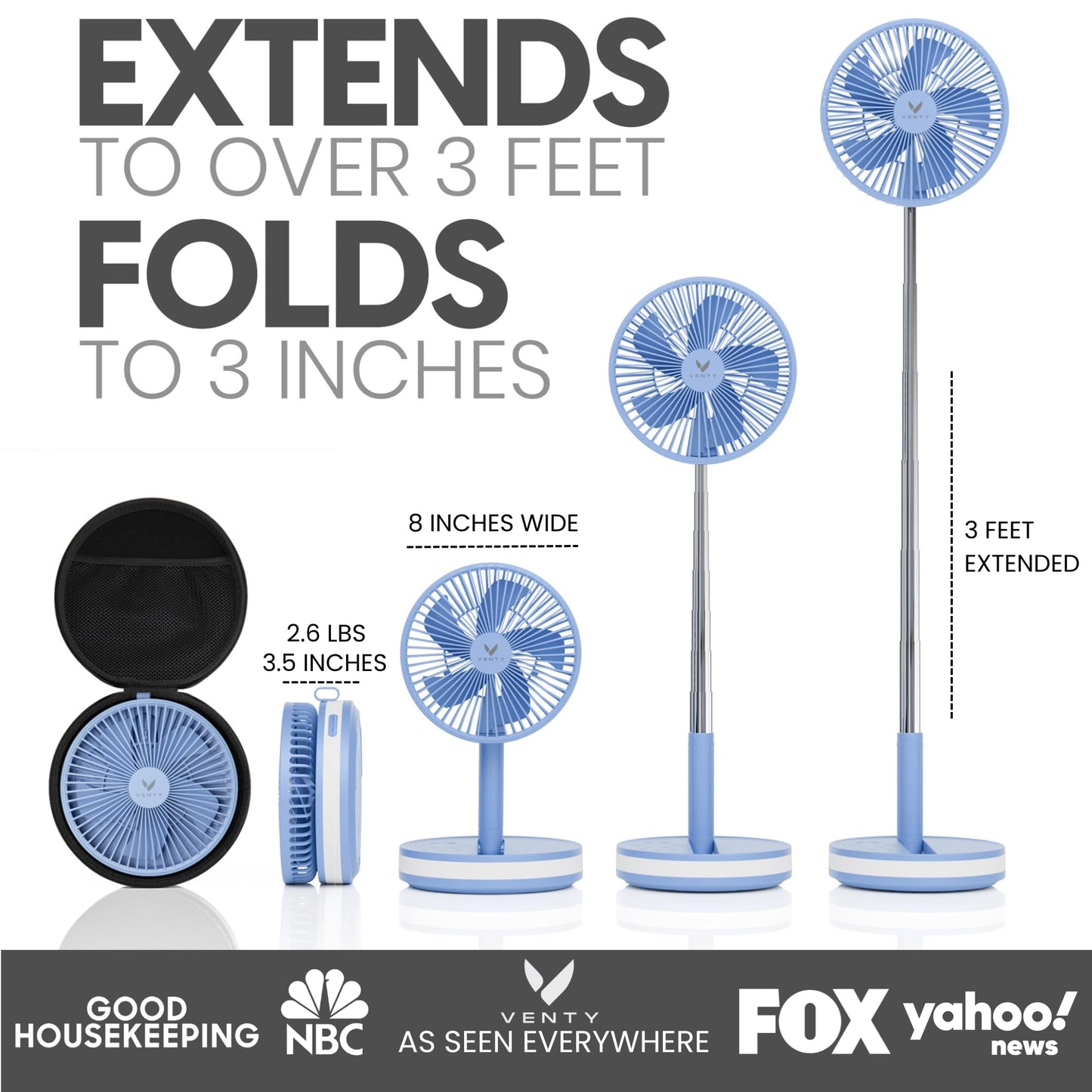 VENTY Portable Fan - Wireless Battery Operated Fan - 4 Speeds - LED Lighting - Carry Case & Remote Control - Cruise Travel - Outdoor Travel RV Power Bank With USB-C Port (Blue with Case)