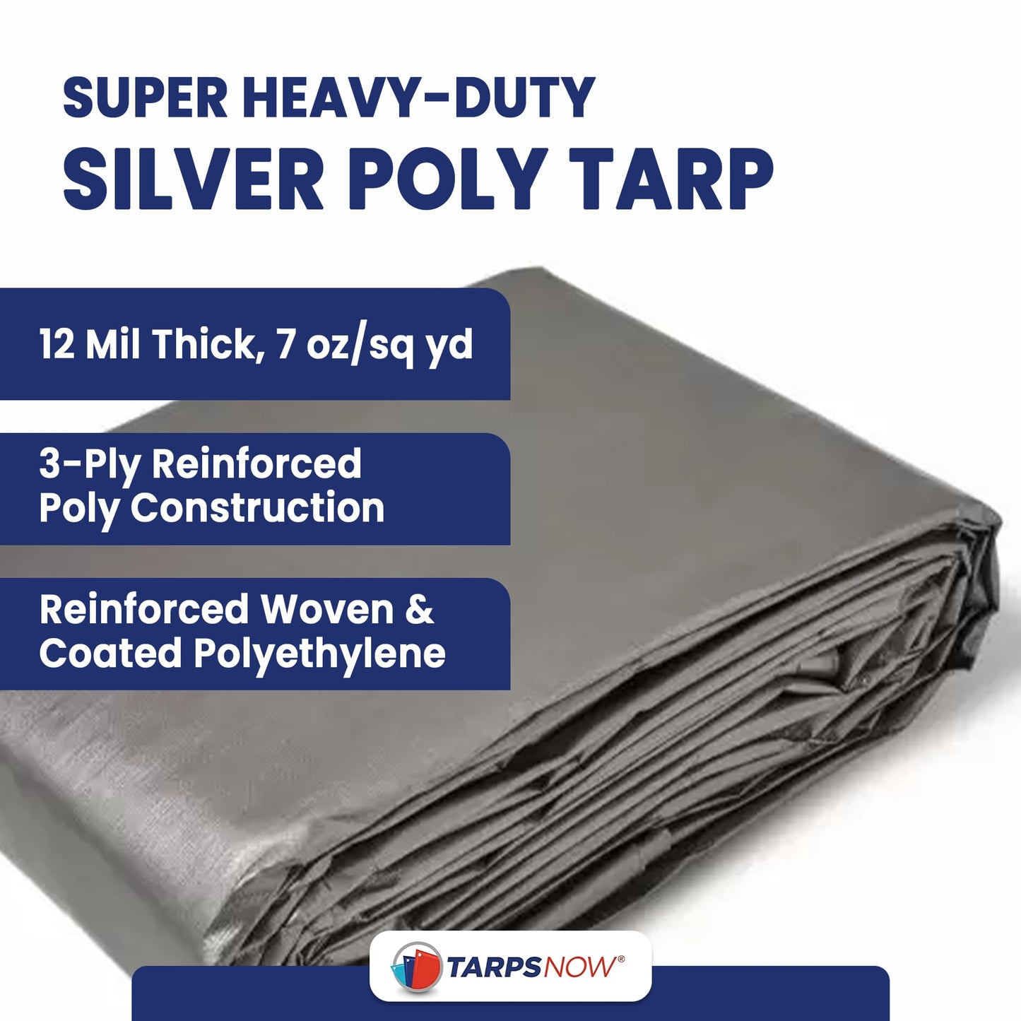Tarps Now 20x30 ft Heavy Duty Plastic Tarp (Poly Tarp)|12 MIL Waterproof Cover|Rip & Tear-Resistant|Rustproof Grommets & Reinforced Edges|Ideal for Roof, Camping, Tent & Outdoor Protection - Silver