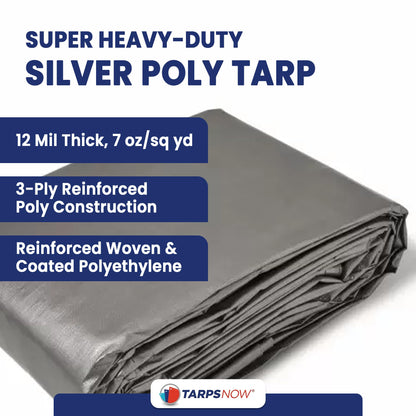 Tarps Now 20x30 ft Heavy Duty Plastic Tarp (Poly Tarp)|12 MIL Waterproof Cover|Rip & Tear-Resistant|Rustproof Grommets & Reinforced Edges|Ideal for Roof, Camping, Tent & Outdoor Protection - Silver