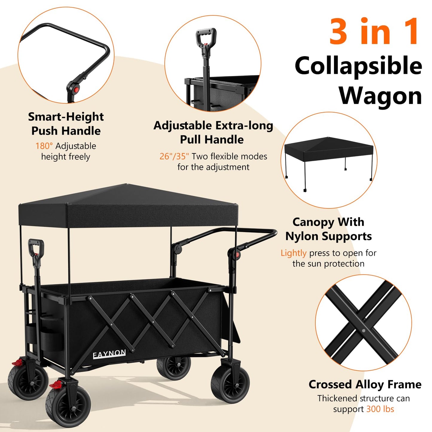 3 in 1 Collapsible Wagon with 300lbs Weight Capacity,150L Heavy Duty Utility Cart with Removable Canopy,with Big All-Terrain Beach Wheels & Drink Holders,Black