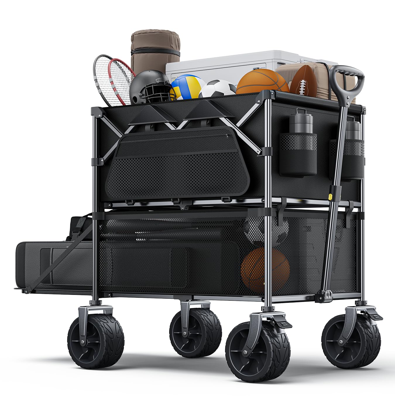 Everyfun 480Lbs Foldable Double Decker Wagon Cart,Beach Carts with Large Wheels&Side Storage Pocket&Dustbag,Large Capacity Folding Wagon for Shopping,Garden,Camping,Fish,Sports-Black