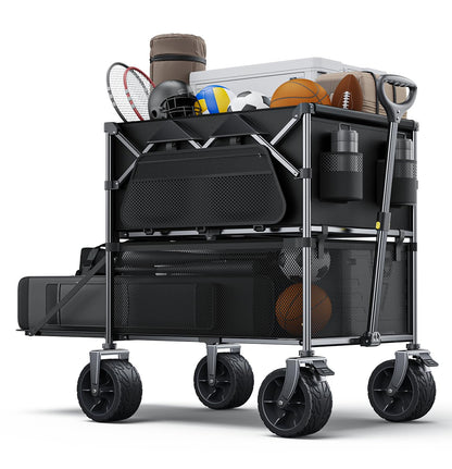 Everyfun 480Lbs Foldable Double Decker Wagon Cart,Beach Carts with Large Wheels&Side Storage Pocket&Dustbag,Large Capacity Folding Wagon for Shopping,Garden,Camping,Fish,Sports-Black