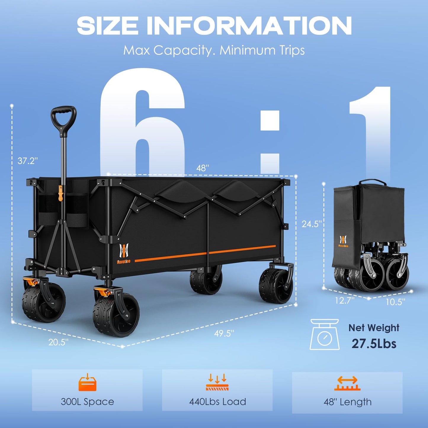 Navatiee 48" L Collapsible Extended Wagon, 440Lbs Heavy Duty Wagons Carts Foldable, 300L Extra Large Beach Wagon with Big All-Terrain Wheels for Sand, Folding Utility Garden Cart for Outdoor, Black