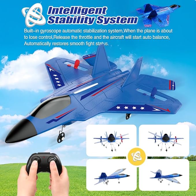 Fremego RC Airplane F22 Fighter Jet for Kids &amp Adults 2.4GHz Remote Control with Gyro Stabilization LED Lights Crash Resistant EPP Foam Perfect Beginner Gift(Blue)