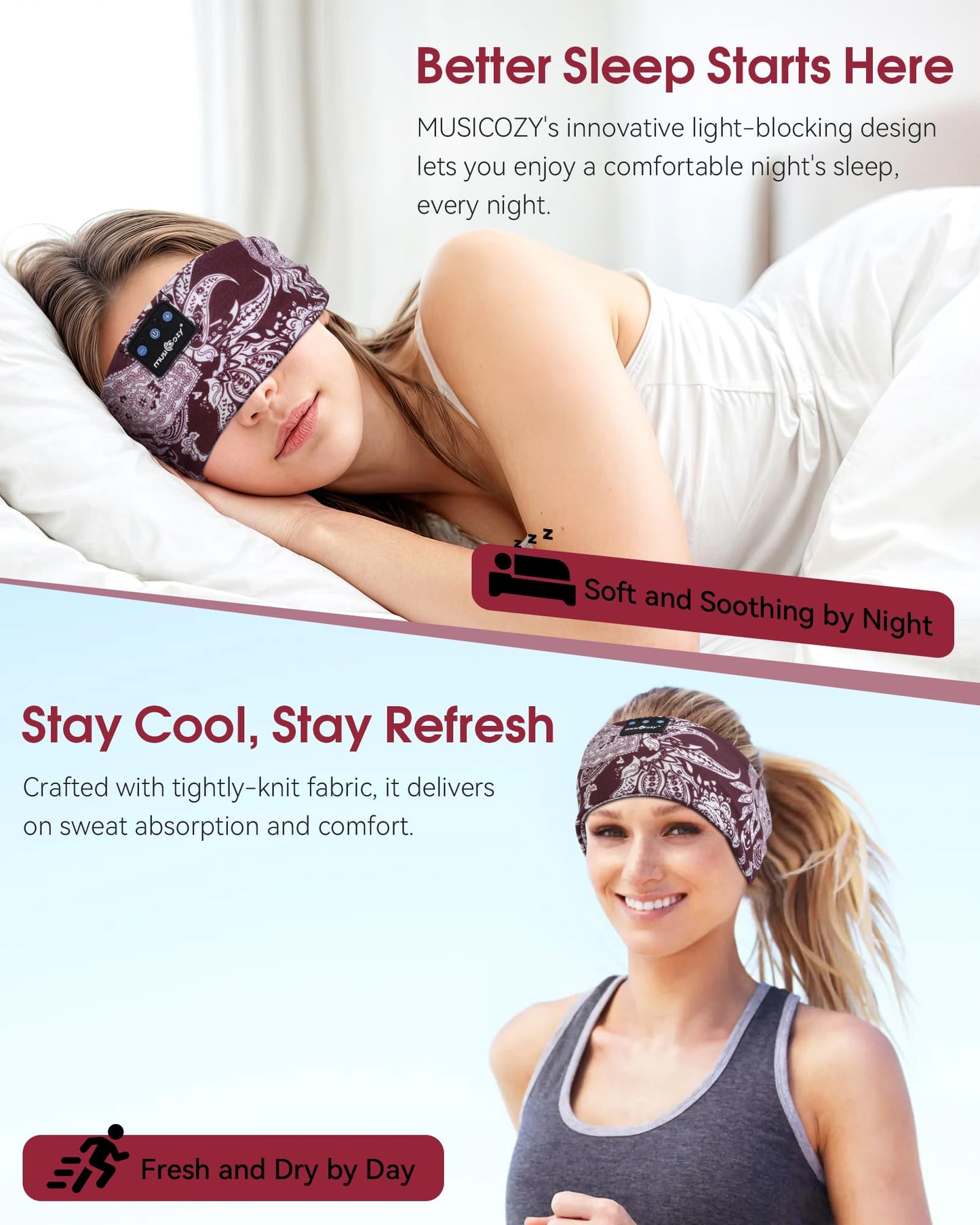 MUSICOZY Sleep Headphones Bluetooth Headband 5.4 Wireless Headband Headphones for Sleeping for Side Sleeper with Ultra-Thin HD Stero Speaker for Workout