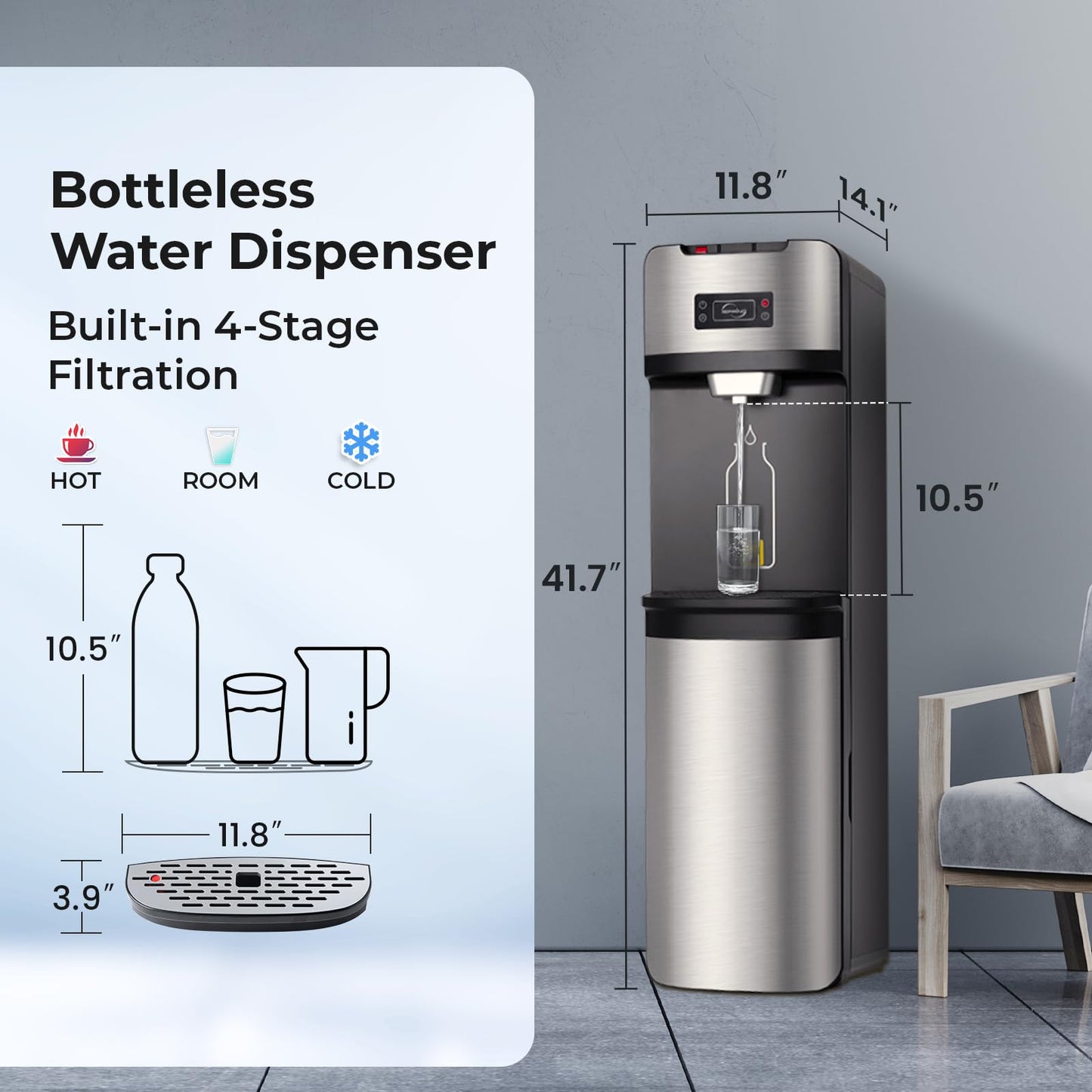 iSpring Bottleless Water Dispenser with Built-in 4-Stage Filtration, Hot/Cold/Room Temp, Self Cleaning, Stainless Steel, Model: DS4S