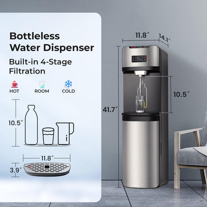 iSpring Bottleless Water Dispenser with Built-in 4-Stage Filtration, Hot/Cold/Room Temp, Self Cleaning, Stainless Steel, Model: DS4S