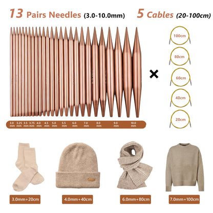 LYMIGER 13 Pairs Interchangeable Circular Knitting Needles Set, 4in Knitting Needles Set Aluminum 3-10mm with 20cm, 40cm, 60cm, 80cm, 100cm Rotatable Cables, Knitting Accessories and Case (Rose Gold)