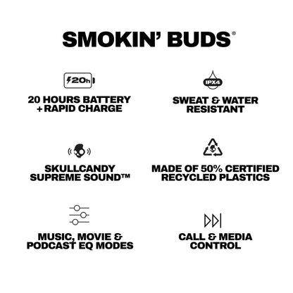 Skullcandy Smokin’ Buds Wireless Earbuds, Bluetooth Headphones, Noise Isolating Fit, Up to 20 Hours Battery, IPX4 Sweat and Water Resistant, Microphone for iPhone Android - Midnight Smoke