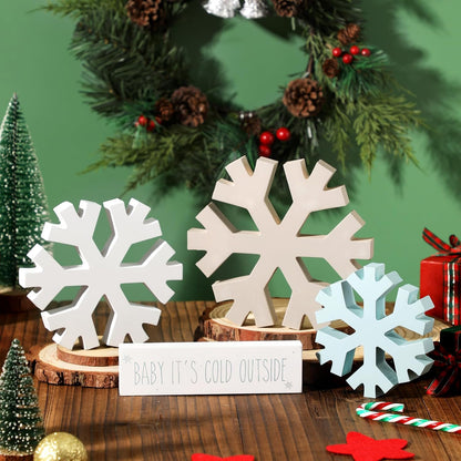 KORMMCO Winter Snowflake Fireplace Decorations - 4Pcs Farmhouse Christmas Decor | White, Brown, Blue