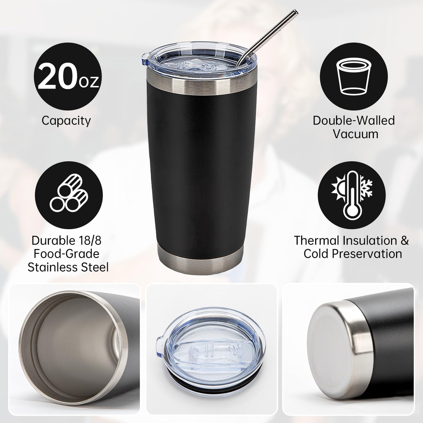IEOVIEE 32 Pack, 20oz Stainless Steel Bulk Tumblers with Lids and Straws, Double Wall Insulated Travel Coffee Mug, Durable Powder Coated Tumbler Bulk Cup for Cold and Hot Drinks(Black)
