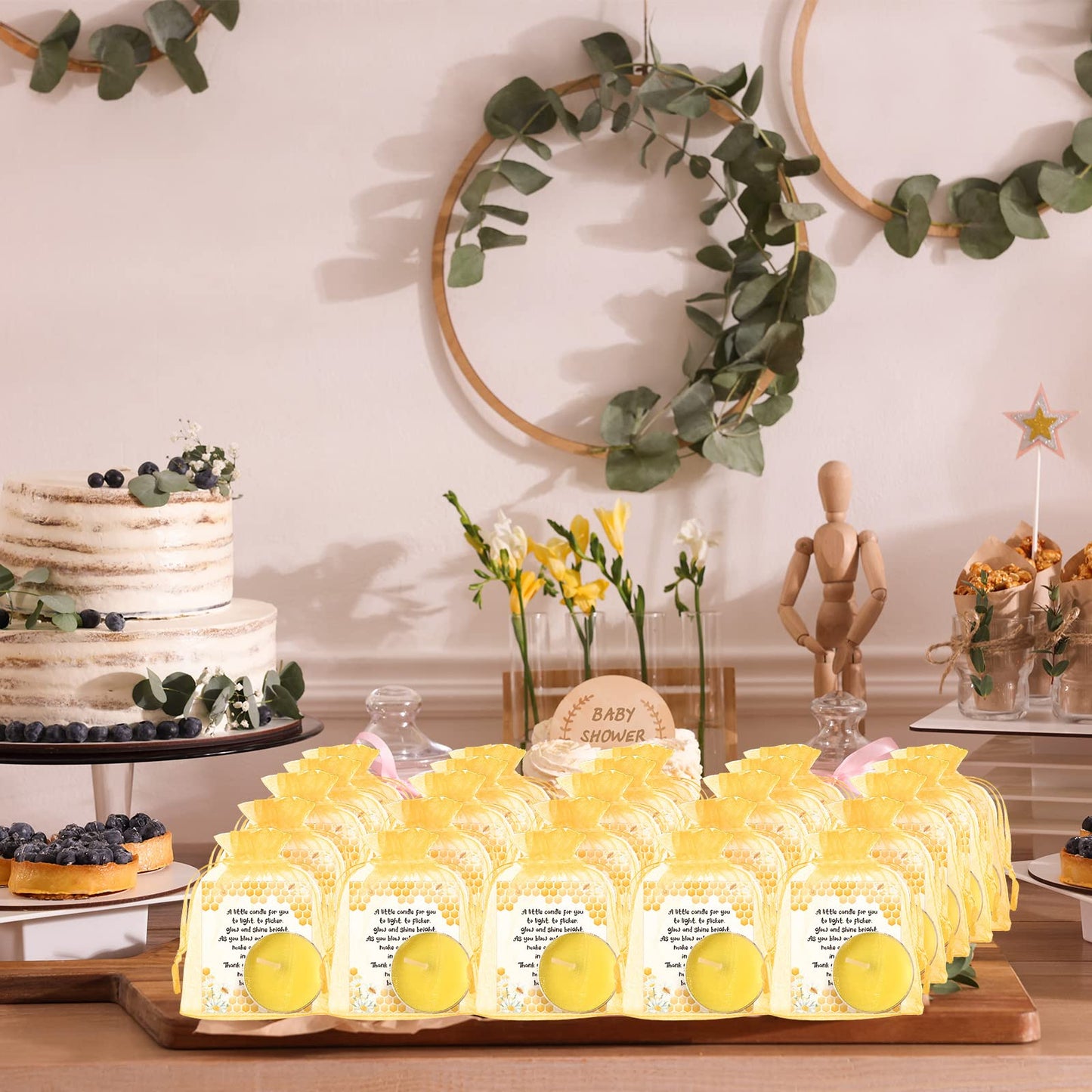 Amyhill Beeswax Tea Light Candle Set - 100 Pieces Unscented Baby Shower Party Favor with Cute Bee Theme - Includes Cards & Organza Bags