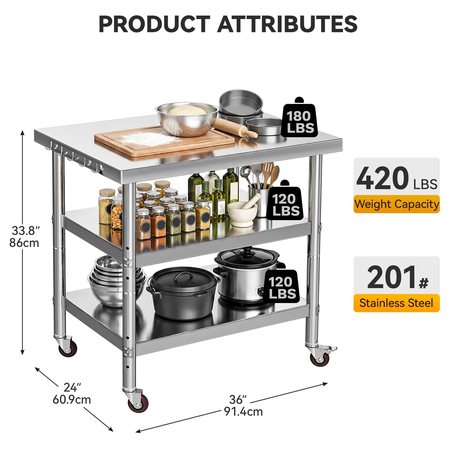 DWVO 36x24in Stainless Steel Table, NSF Metal Prep Worktable with 2 Adjustable Shelves & Wheels for Kitchen Restaurant Hotel Garage Warehouse Home