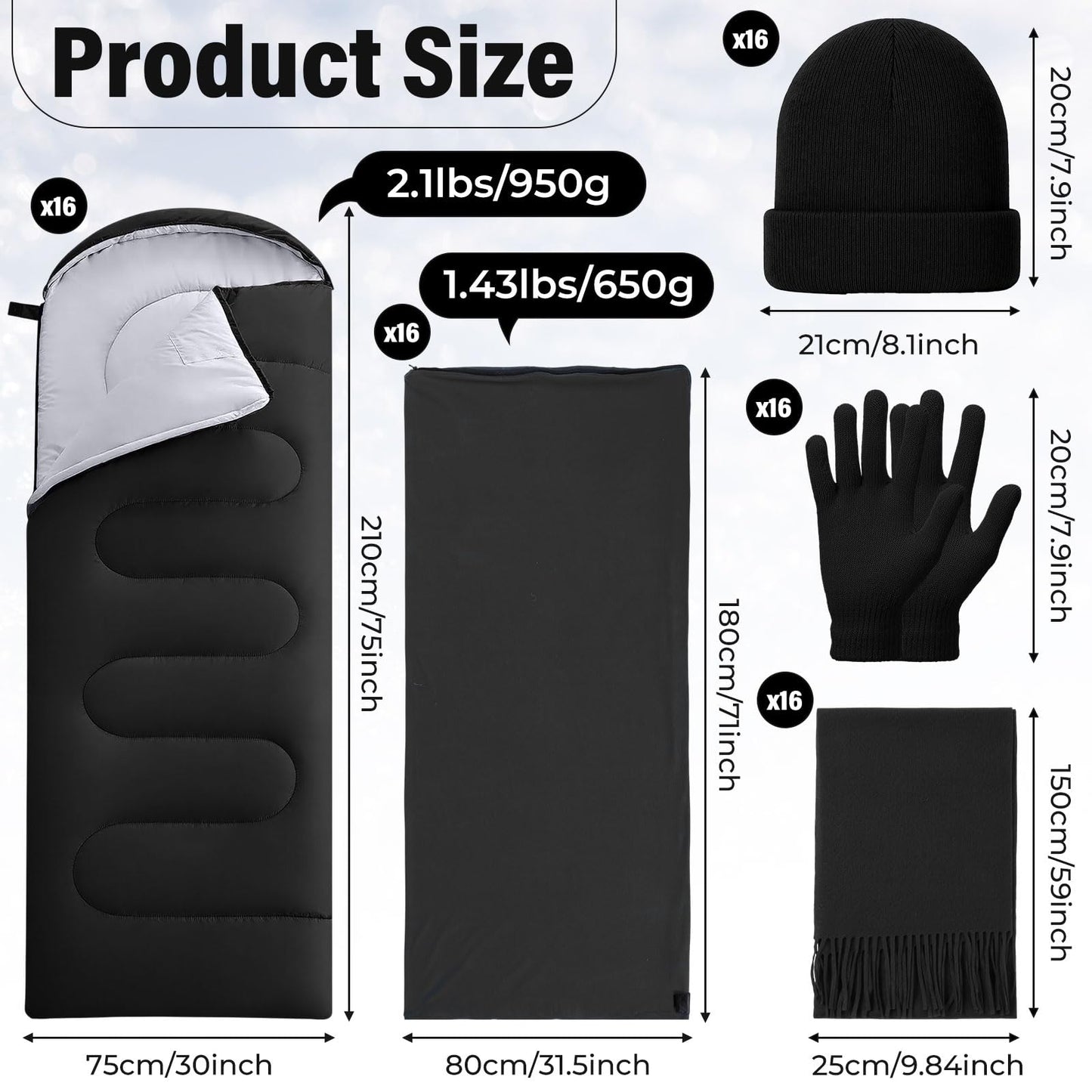 SmoothNovelty 80 Pcs Homeless Care Package Sleeping Bags Adult Bulk with Winter Beanies Hat Gloves Scarf Cotton Liner Waterproof Sleeping Bag for Camping Outdoor Church Donation Emergency(Black)