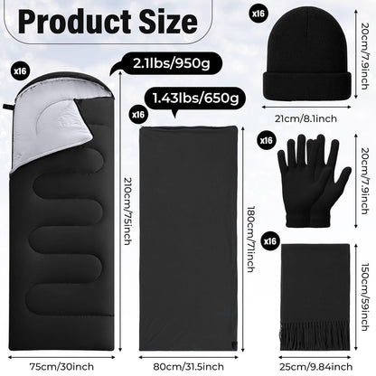 SmoothNovelty 80 Pcs Homeless Care Package Sleeping Bags Adult Bulk with Winter Beanies Hat Gloves Scarf Cotton Liner Waterproof Sleeping Bag for Camping Outdoor Church Donation Emergency(Black)