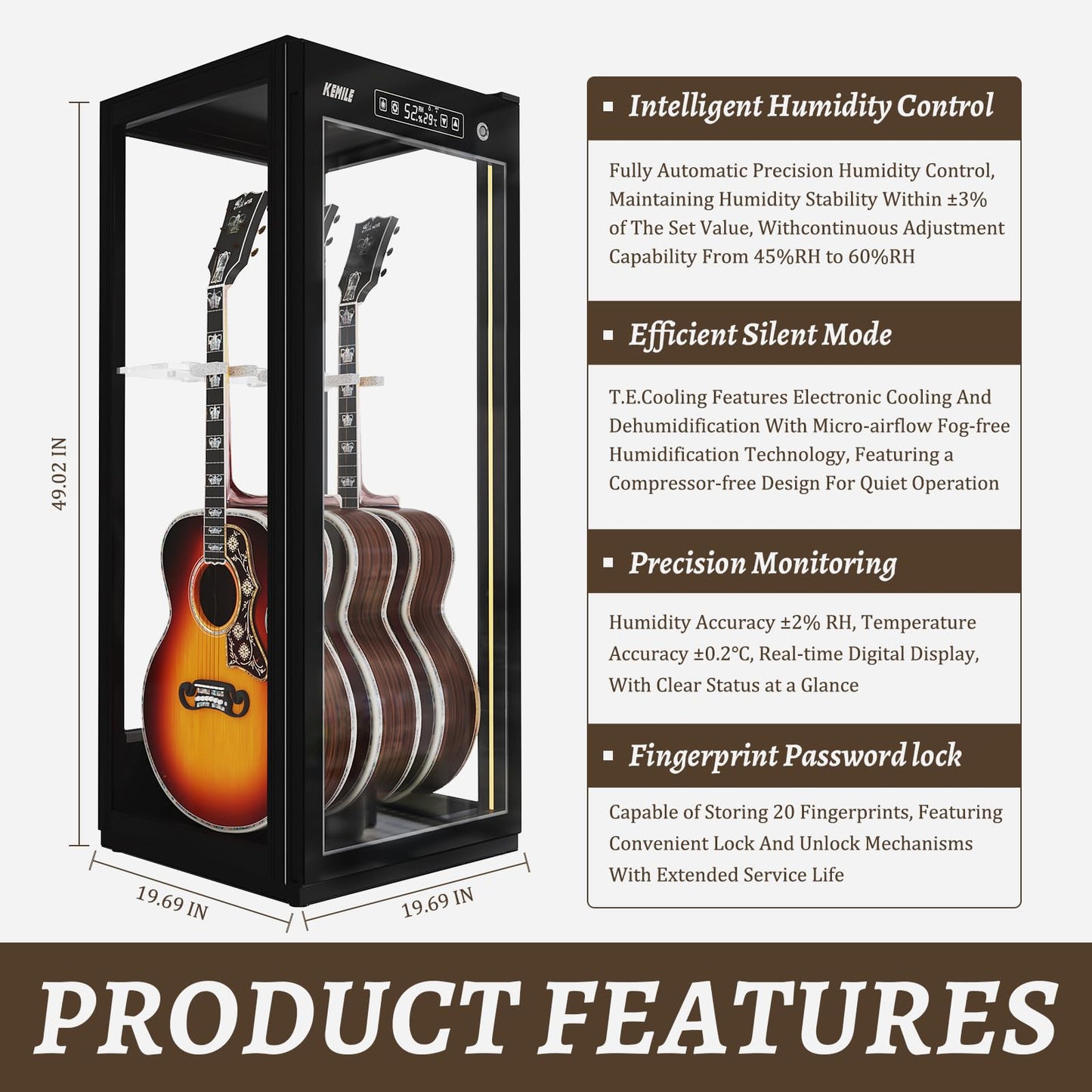 Guitar Display Case with Humidification & Constant Temperature, Smart Touch Control & Fingerprint Lock, Adjustable Racks for 3 Acoustic/4 Electric,GuitarsTransparent Cabinet (Four-sided glass)