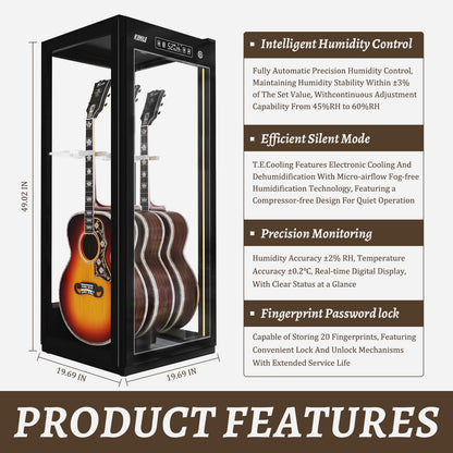 Guitar Display Case with Humidification & Constant Temperature, Smart Touch Control & Fingerprint Lock, Adjustable Racks for 3 Acoustic/4 Electric,GuitarsTransparent Cabinet (Four-sided glass)