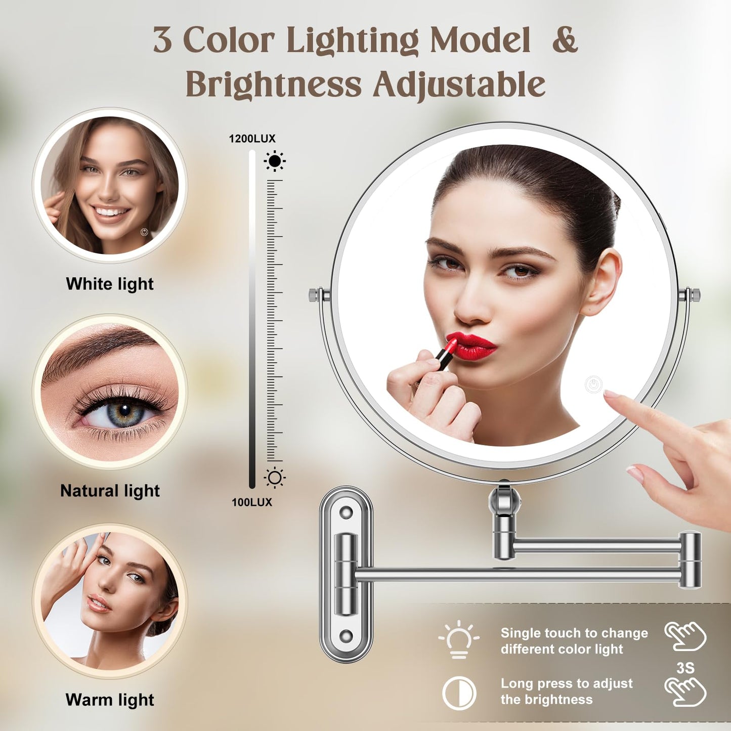 9" Wall Mounted Makeup Lighted Mirror, 4000mAh Rechargeable Double Sided LED Vanity Mirror with Height Adjustable&1X/10X Magnification, 3 Color Lights Touch Screen Dimmable 360°Swivel Bathroom Mirror