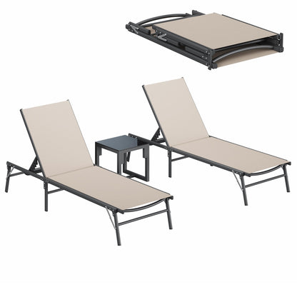 UDPATIO 3pcs Patio Lounge Chair Sets with Side Table Foldable Outdoor Chaise Lounge No Assembly