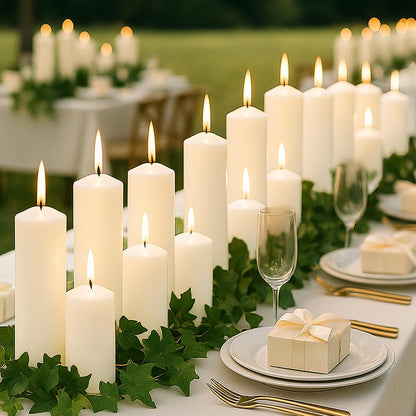 Veiuwa 36 Pcs White Pillar Candles Bulk Set，2x3 2x6 2x8 Inch - 12 Each Size，Hurricane Candles，Dripless Unscented Smokeless，Gives You a Better Atmosphere When Organizing an Event Party.