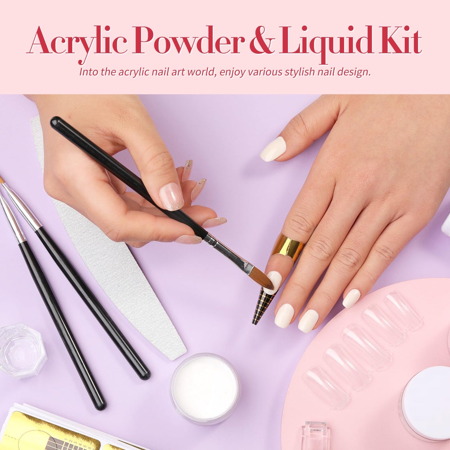 BORN PRETTY Acrylic Nail Kit - Acrylic Powder (Clear, White, Pink) & Liquid Set with Nail Forms, Brush Pen, File & Glass Container - Beginner Friendly