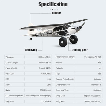 Fms Rc Planes for Adults Remote Control Airplane 1300MM (52) Piper PA-18 Super CUB with Reflex V3 6 Channel Hobby Rc Airplanes for Beginners PNP