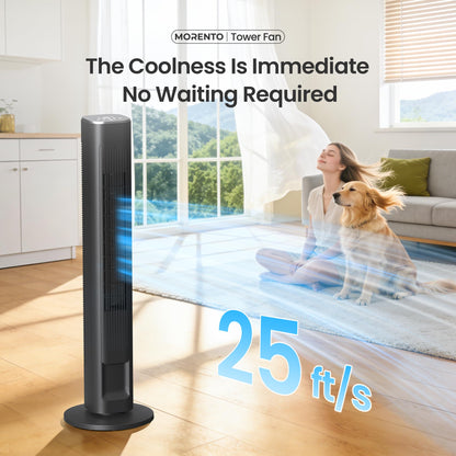 MORENTO Tower Fan for Bedroom, 2026 Upgraded 90° Oscillating 43" Standing Fan with 4 Speeds, 4 Modes, 25ft/s Velocity Bladeless Fan with APP/Voice/Remote/Touch Control, 28dB, 12H Timer, Black 1Pack