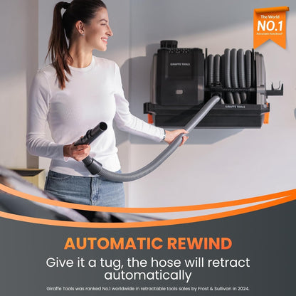 Giraffe Tools Grandstorm Retractable Vacuum Cleaner Wall-Mounted, Shop Wet Dry Vacuum Cleaner with 6 Nozzles for Car Detailing Remote Control Garage Vacuum, Grey, 30ft Hose