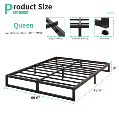 Lutown-Teen 9 Inch Queen Size Bed Frame Heavy Duty Steel Slat Support Metal Platform Queen Bed Frame No Box Spring Needed, Easy Assembly, Black