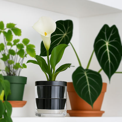 D'vine Dev 4 Inch Design Self Watering Planter for Indoor Plants, Black Terracotta Pot with Cylinder Glass Cup, 37-X-A-3
