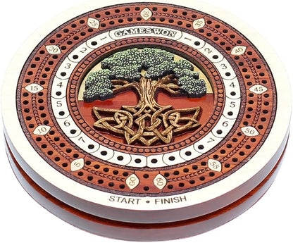House of Cribbage - 2 Track 60 Points - Tree of Life Inlaid Wooden Travel/Pocket Size Cribbage Board - Size 4 Inch (Maple Wood/Blood Wood)