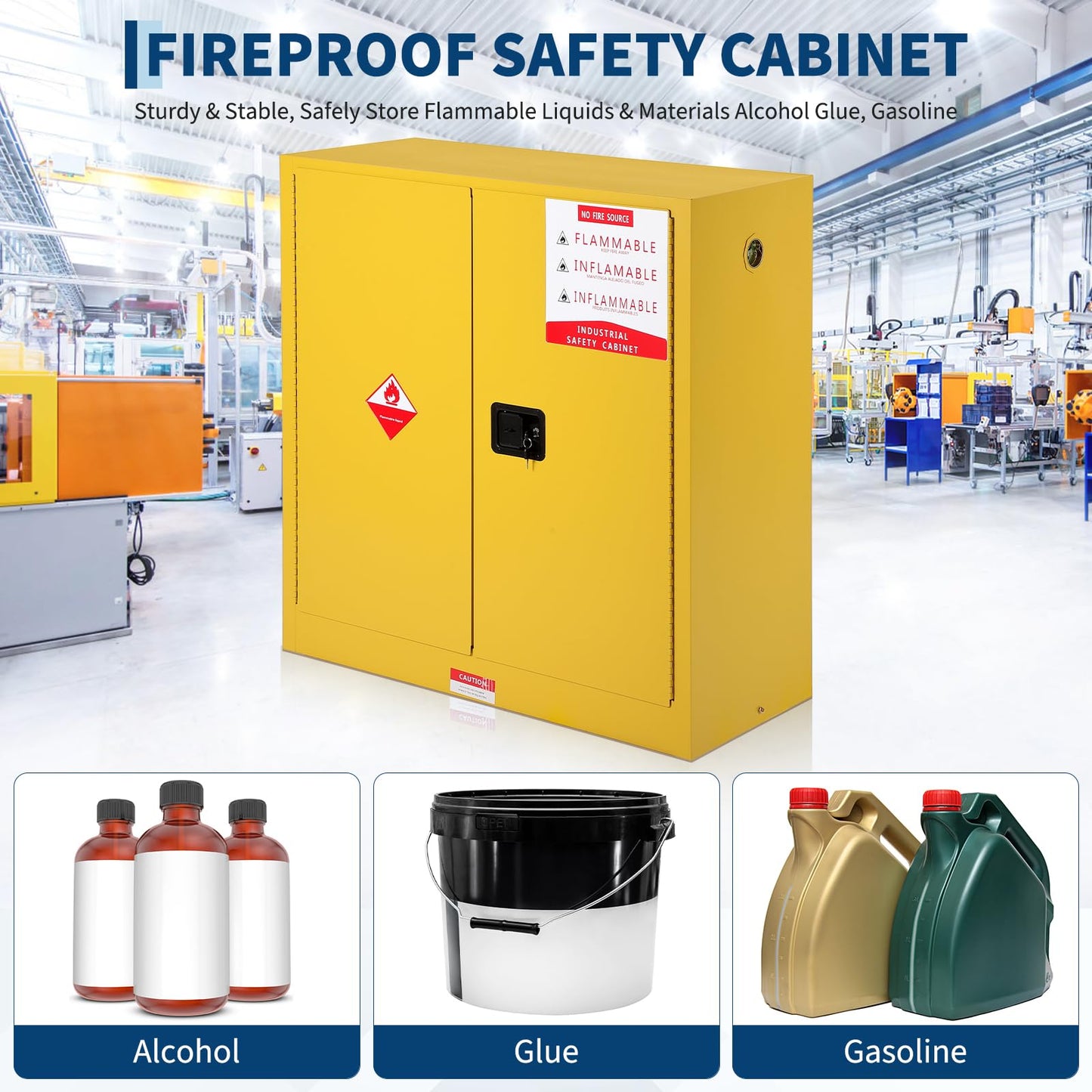Hazardous Storage Flammable Cabinets, Fire Resistant Safety Cabinet for Flammable Liquids | Cold-Rolled Steel Construction w/Spill Containment Tray, Ventilation Holes & Grounding | Adjustable Shelf