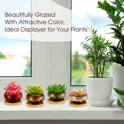 RimCereal 12 Pcs Succulent Pots 2.5 Inch Mini Ceramic Succulent Garden Flower Pots Planters with Drainage and Bamboo Tray for Indoor Garden Plants Planters Colorful Flower Pot(Round,1.2 Inch H)