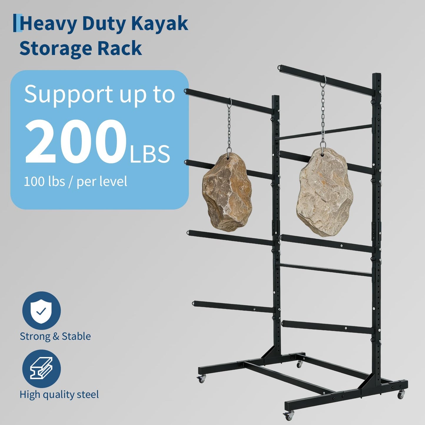 GarveeLife Heavy Duty 4-Tier Freestanding Kayak Storage Rack with Adjustable Detachable Wheels – Stand for Kayaks, Canoes, SUPs, Surfboards – Indoor or Outdoor, Garage Paddleboard Organizer,