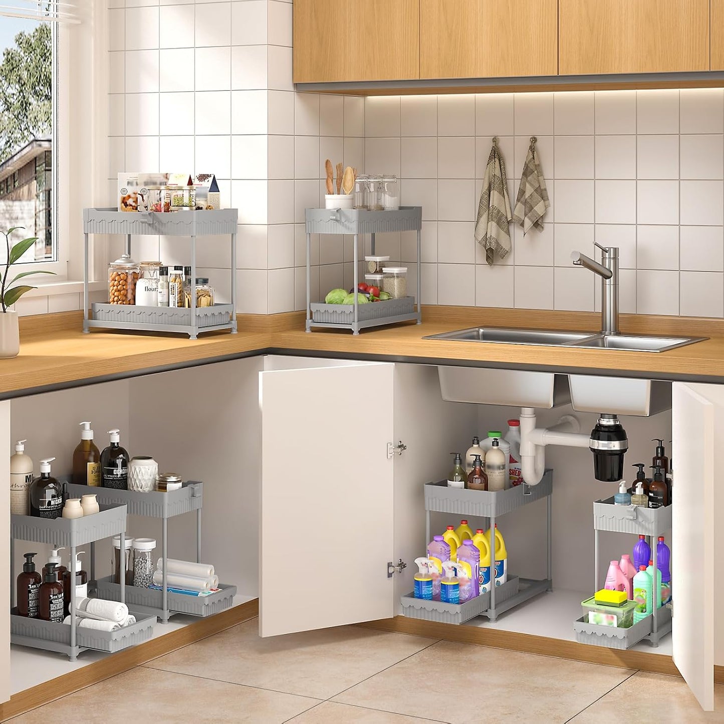 Sevenblue Under Sink Organizers - 2-Tier Kitchen & Bathroom Storage with Sliding Drawers | Gray, 14.8 Inch