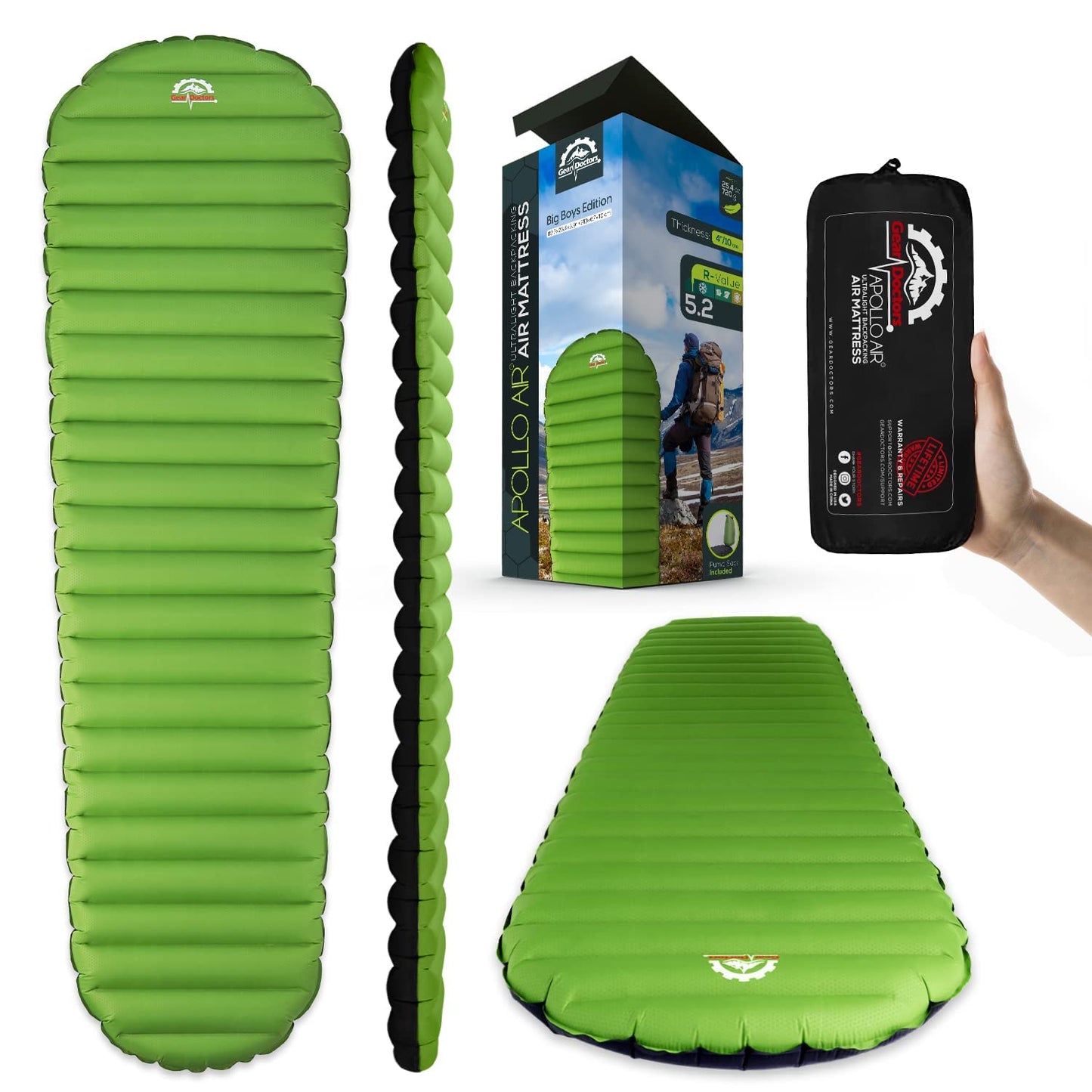 Gear Doctors® ApolloAir 5.2 R-Value [17oz] Ultralight Insulated Inflatable Camping Sleeping Pad — Backpacking Sleeping Pad— Camping Mattress Compact Lightweight for Hiking—Air Mattress for Backpacking