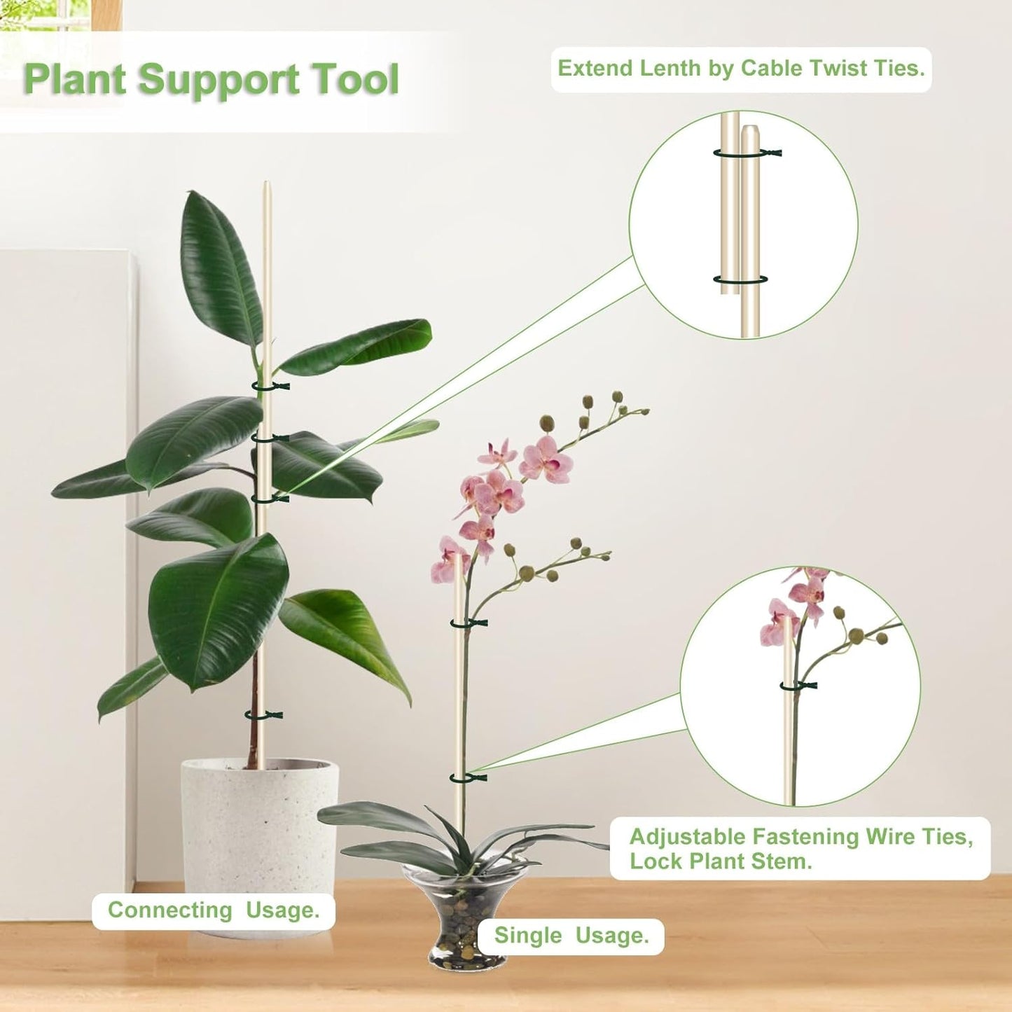 Bamboo Plant Stakes - 18 Inch Wooden Support for Potted Plants | 46 PCS with Wires for Gardening