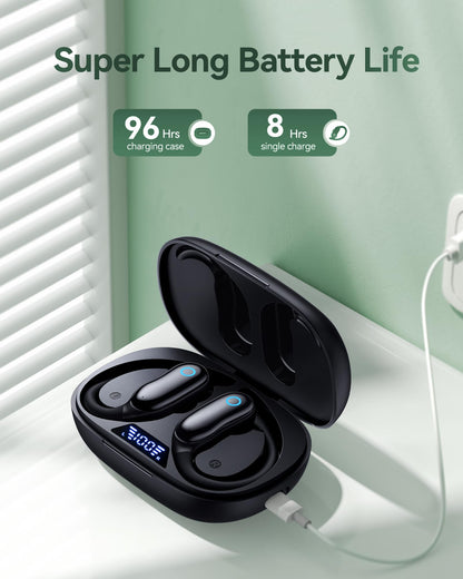 GNMN Active Noise Cancelling Ear Buds Wireless Earbuds 96hrs Playback Bluetooth Headphones Dual Battery Display Stereo Bass Earphones with Earhooks Microphone IPX7 Waterproof for Sports/Workout