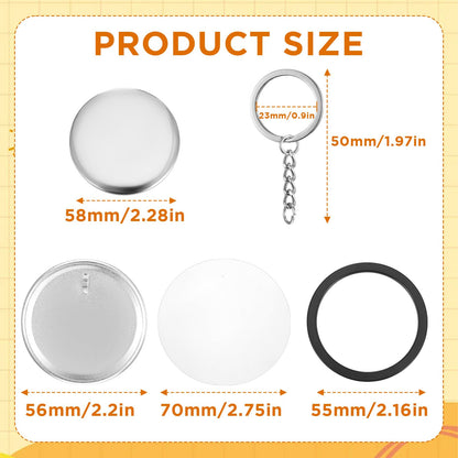 100 Sets Button Maker Keychains Supplies 58mm/2.25 inch Button Making Supplies for Metal Buttons Keychain Maker Machine with Shell Back Cover Film Chain Head