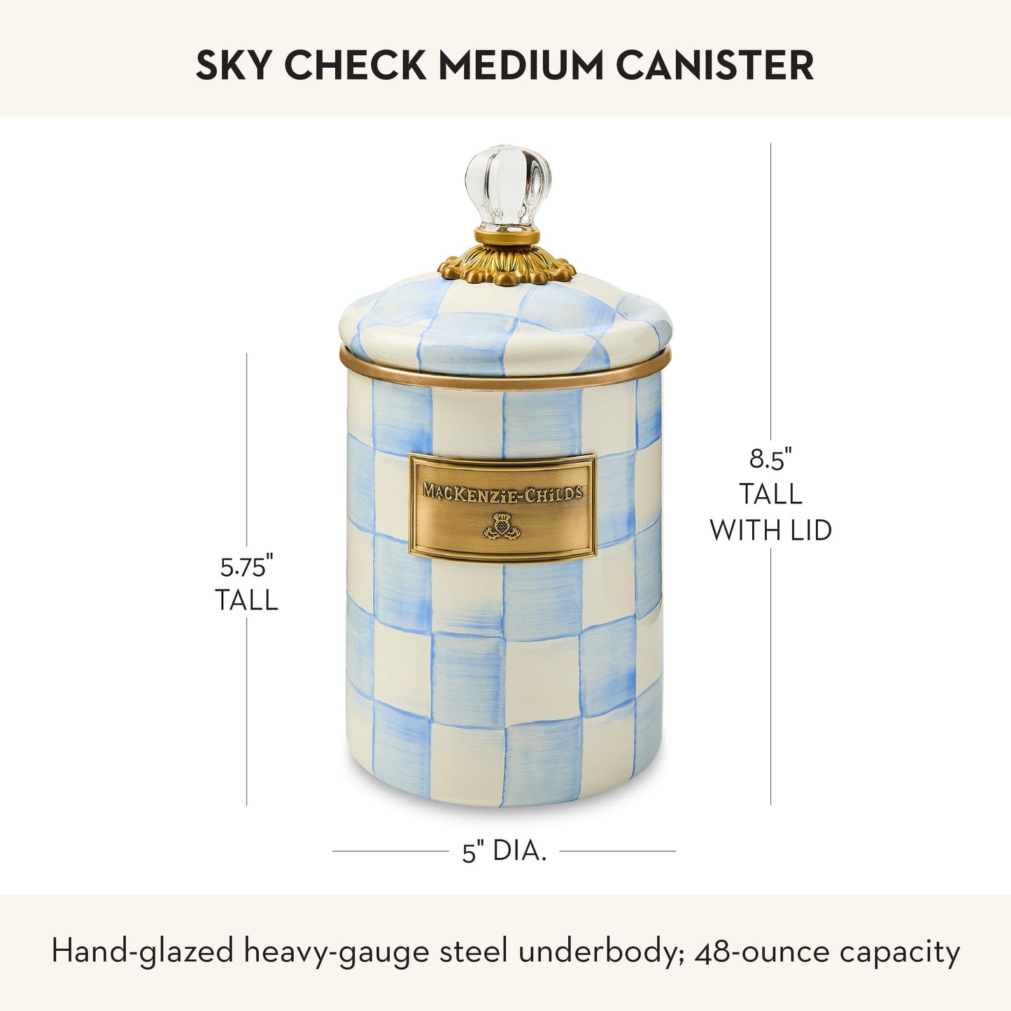 MACKENZIE-CHILDS Enamel Canister, Kitchen Storage Container with Lid, Medium, 48-Ounce Capacity, Light-Blue-and-White Sky Check