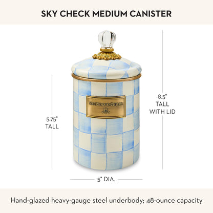 MACKENZIE-CHILDS Enamel Canister, Kitchen Storage Container with Lid, Medium, 48-Ounce Capacity, Light-Blue-and-White Sky Check