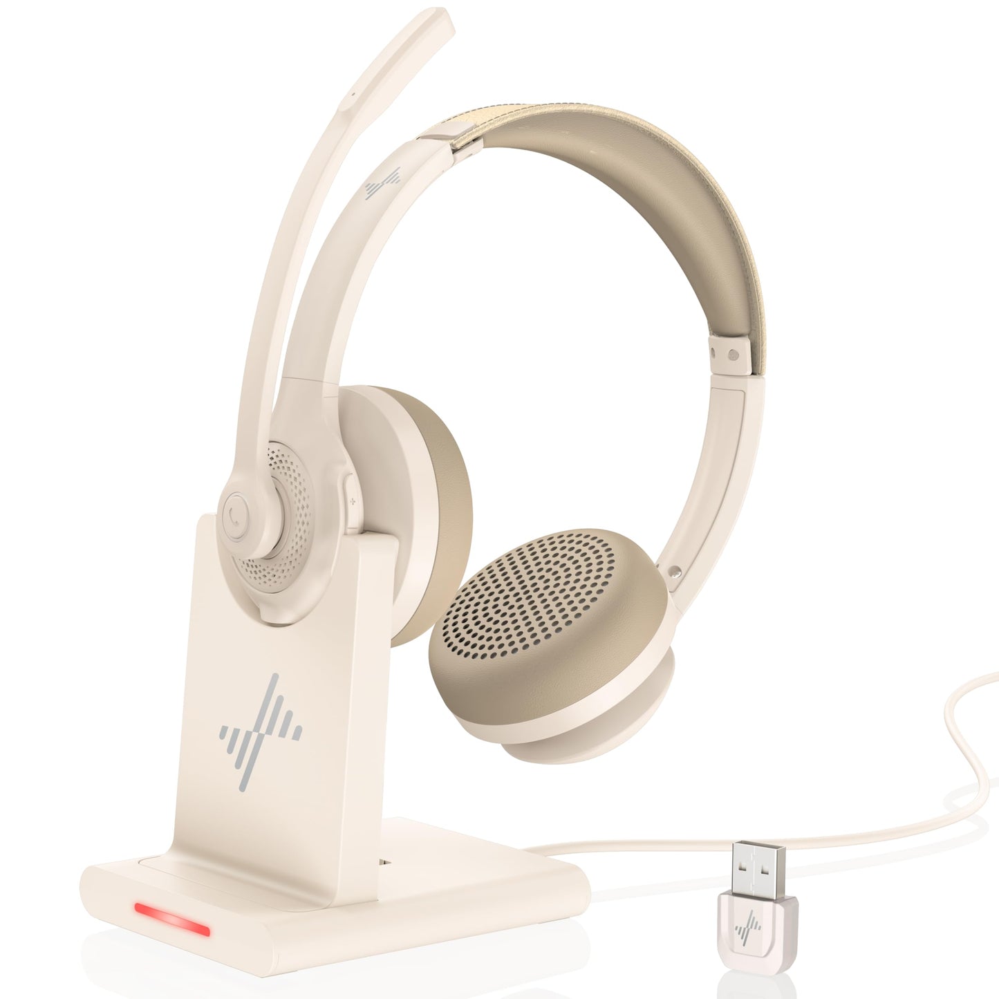 Wireless Headset with AI Noise Cancelling Microphone Bluetooth Headset - Bluetooth V5.2 Headphones with USB Dongle, Charging Base & Mic Mute for Computer/Laptop/PC/iPhone/Android/Cell Phones-White