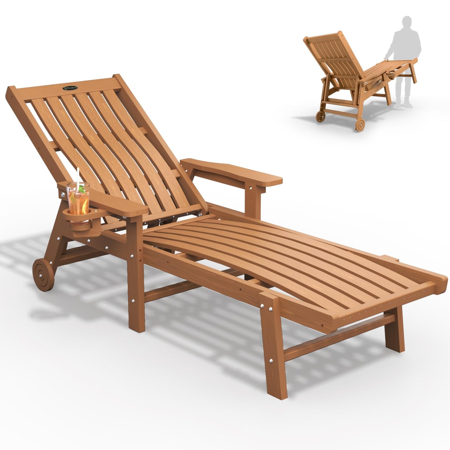 THOEOE Patio Chaise Lounge Chair, Oversized Lounge Chair Outdoor with 5 Positions, 78″ Long, HDPE, Patio Lounge Chair with Wheels & Cup Holder for Pool, Deck, Poolside,Wood