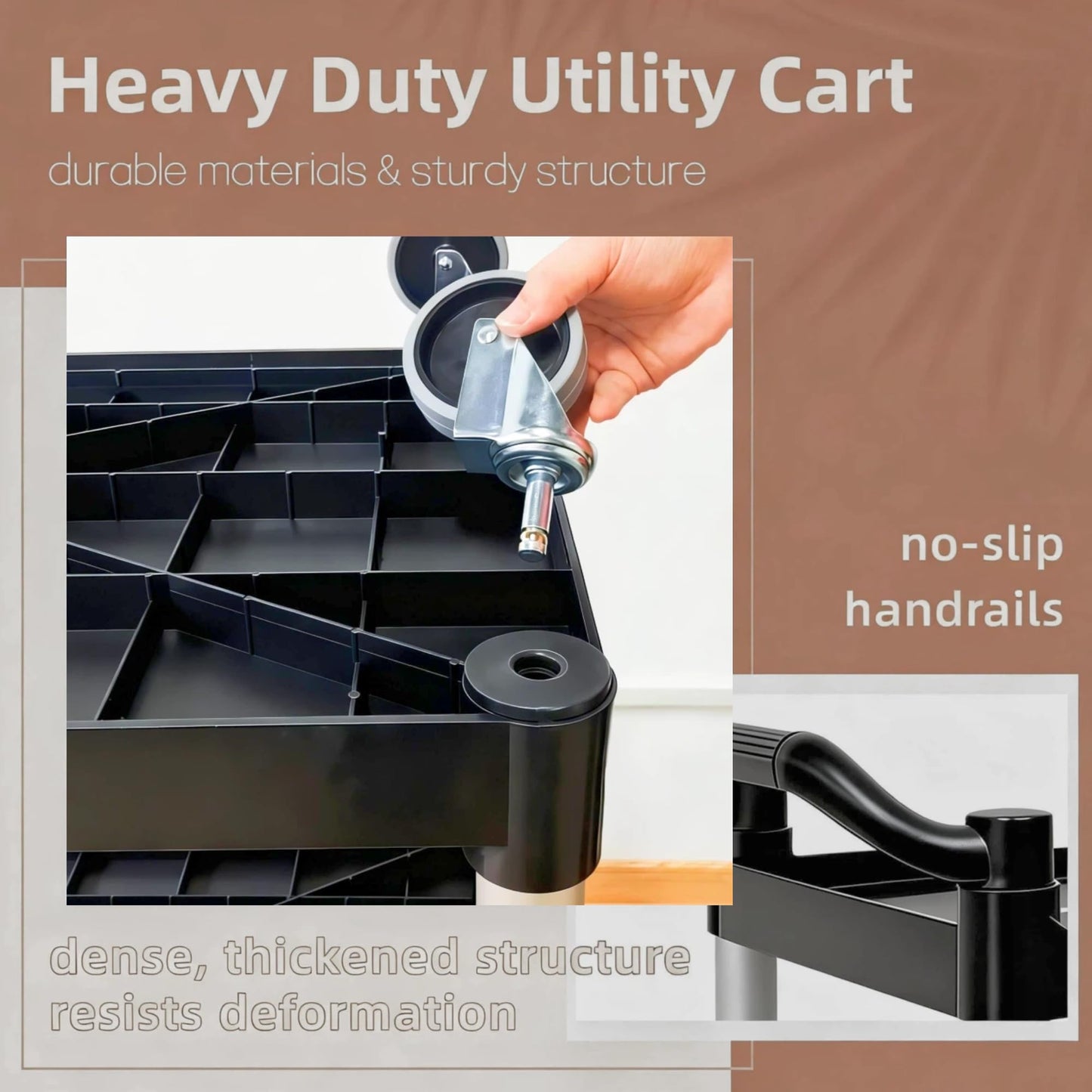 Ufriandz 3 Tier Heavy Duty Rolling Utility Cart with Strong Wheels and Handle 600lbs Load Capacity Plastic Serving Cart for Food Commercial Garage Restaurant Kitchen, Black Storage Shelf